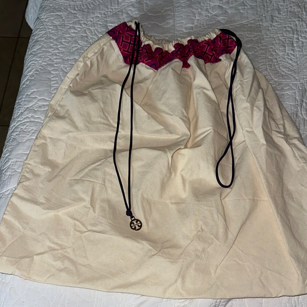 Beige Drawstring Bag with Pink Trim